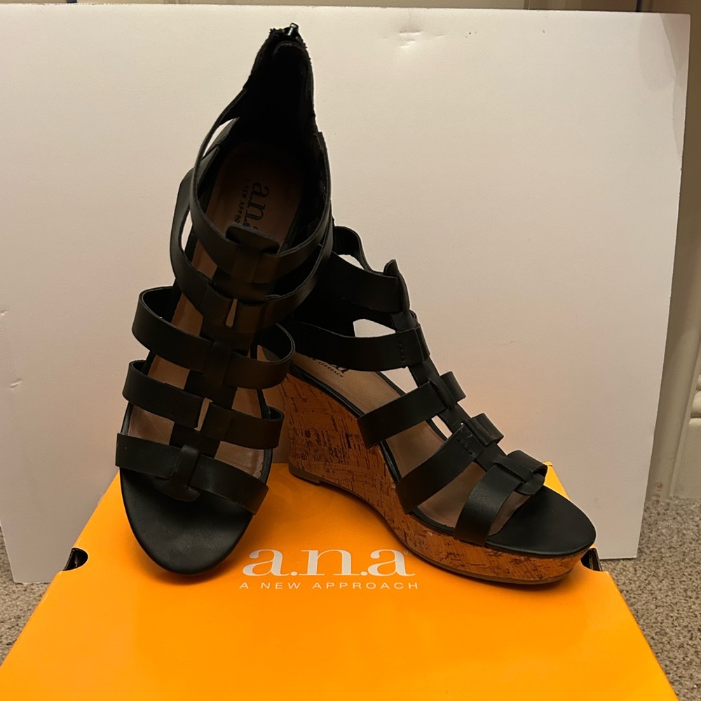 Black strappy wedge with zipper back